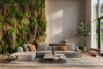 Vertical Green Wall  in modern living room interior with polished concrete walls and modern furnitre, 3d render

