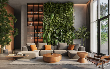 Vertical Green Wall  in modern living room interior with polished concrete walls and modern furnitre, 3d render
