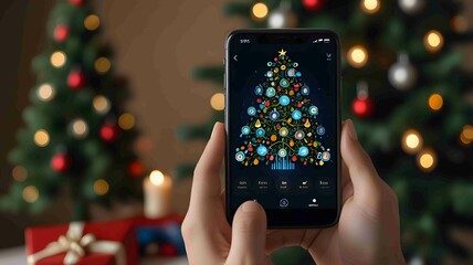 Smart home device displaying Christmas tree design, set against festive background. Generated AI