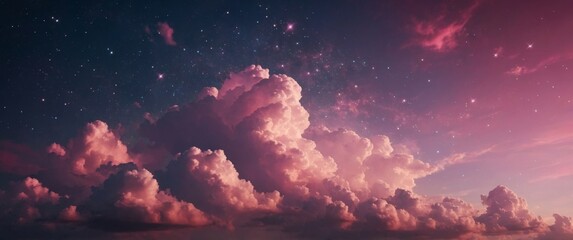 Magical pink clouds with stars background.