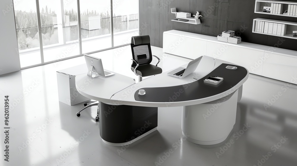 Canvas Prints A modern office with a curved desk, black chairs, and computers.