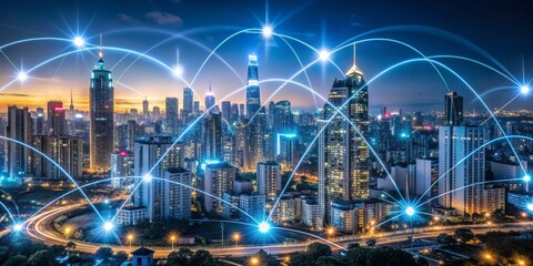 Fototapeta premium Cityscape Connected by Network Lines, Night, Urban, Technology, Innovation ,network, cityscape