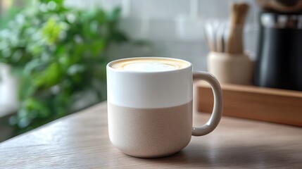 Serene Barista Moment - Mug Overflowing with Milky Froth in Rustic Coffee Shop Setting