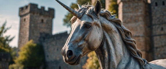 Fototapeta premium Majestic Unicorn in Front of Medieval Stone Castle.
