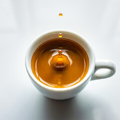 Close up of Espresso dripping into coffee mug brewing coffee isolated in white background