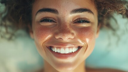  Portrait of a person with a joyful, radiant smile, capturing the essence of pure happiness. The background is light and soft, emphasizing their positive emotions and warm expression