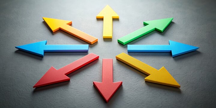 Colorful Arrows Pointing in All Directions, 3D Render, 8 Arrows, Gray Background, Direction, Choice, Decision Making