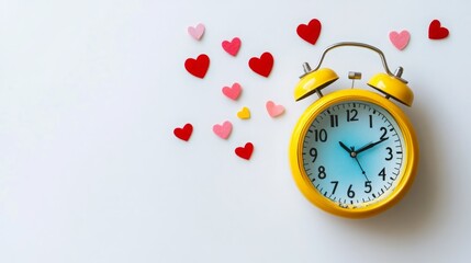 Yellow alarm clock with hearts scattered around it.