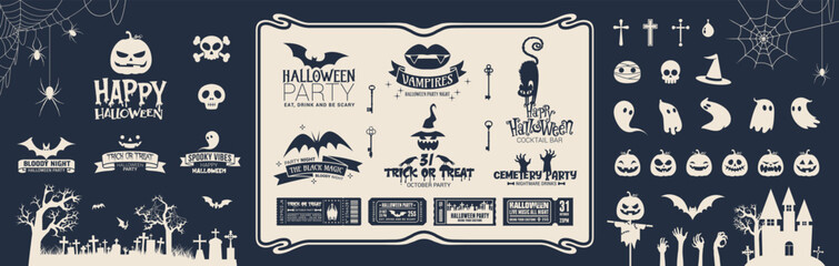 Vintage Halloween logo set. Set of halloween logo templates and design elements for Spooky Party emblems. Prints for t-shirt, typography. Vector