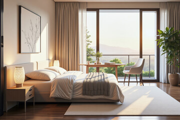 photo of a modern apartment bedroom with designer interior and furniture, luxury interior architecture design idea