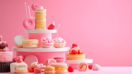 A visually stunning display of assorted gourmet desserts arranged on a tiered table. The pink-themed setup includes macarons, cupcakes, donuts, and layered cakes, all meticulously decorated, creating