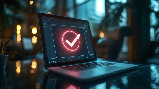 A laptop with a check mark on the screen symbolizes success and task completion in a modern office setting.
