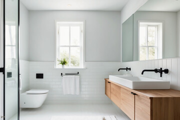 A minimalist bathroom with Scandinavian design, featuring white tiles, a wooden vanity, and sleek fixtures