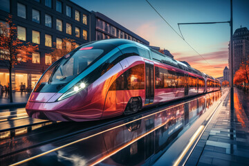 Fototapeta premium Bahnreisen der Zukunft, Moderner futuristischer Zug fährt durch die eine Stadt, Generative AI