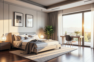 photo of a modern apartment bedroom with designer interior and furniture, luxury interior architecture design idea