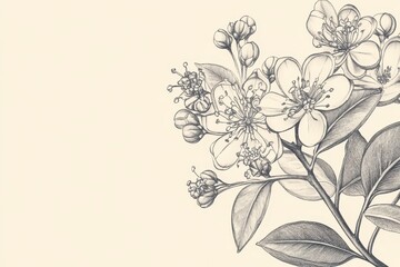 Detailed Pencil Drawing of a Branch with Blooming Flowers and Leaves