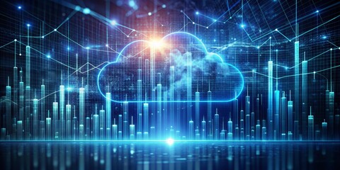 Fototapeta premium Digital Cloud Cityscape with Glowing Lines and Bars, Data, Technology, Future