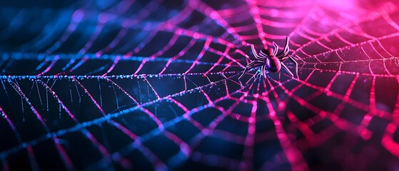 Neon spiderwebs glowing in the dark with a haunting otherworldly atmosphere   a surreal cyberpunk inspired Halloween concept