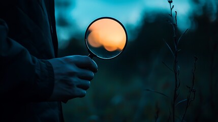 A hand holds a magnifying glass reflecting a sunset, merging observation with the beauty of nature.