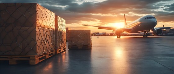 Efficient airfreight logistics showcasing the systems and processes involved in the loading transporting and managing of cargo by air  The image depicts a sunset scene at an airport with aircraft