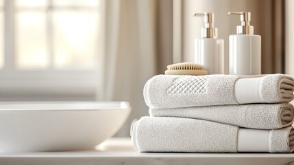 A serene bathroom scene featuring soft towels, elegant soap dispensers, and a stylish bowl, perfect for spa or home decor.