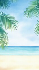 Fototapeta premium A serene beach scene with clear blue water and lush palm leaves framing the view, perfect for relaxation and vacation themes.