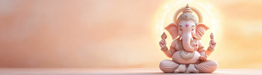 Lord Ganesha seated in meditation, with a glowing halo, symbolizing spiritual wisdom and tranquility
