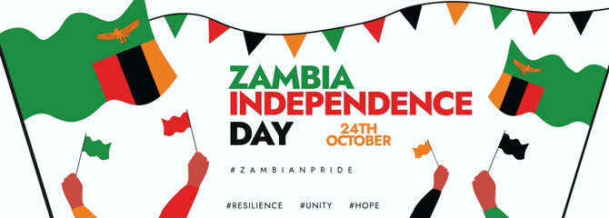 Zambia Independence Day. 24th October Zambia Independence Day celebration cover banner, background with its flags, hands holding its flags, text written in flag colours. Conceptual template design.