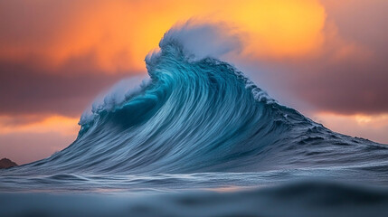 powerful ocean wave crashes forcefully onto the shore, symbolizing nature's strength and resilience. The dramatic splash of water conveys energy, power, and the unstoppable force of natural elements