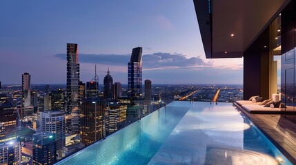 Fototapeta premium An infinity pool overlooking a city skyline at twilight.
