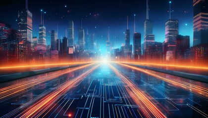 Fototapeta premium Futuristic Cityscape at Night with Glowing Digital Data Lights, Urban Technology Concept, High-Tech Metropolis Skyline, Illuminated Circuit Board Streets, Data Flow Visualization, Sci-Fi Urban Scene