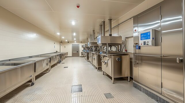 Stainless steel food processing equipment lines a modern industrial kitchen, symbolizing cleanliness and functionality.