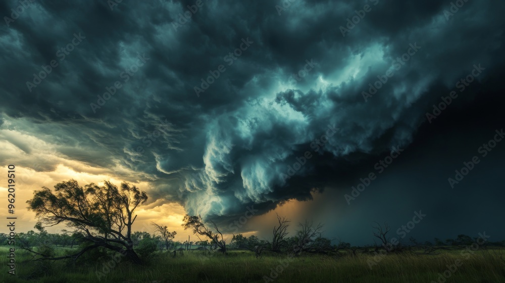 Poster close-up of a powerful summer storm with dark, swirling clouds and strong gusts of wind affecting tr