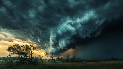 Fototapeta premium Close-up of a powerful summer storm with dark, swirling clouds and strong gusts of wind affecting trees and structures, highlighting the storm's impact.