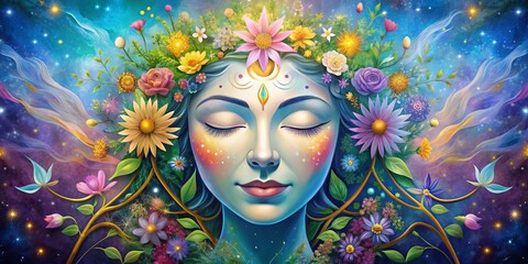 Floral Goddess with Eyes Closed in a Universe of Stars, Flowers, and Golden Branches, Nature, Goddess, Universe