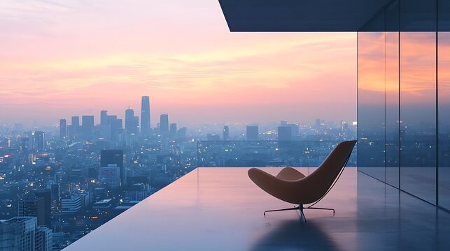 A modern rooftop offers a breathtaking view of the city skyline at sunset, capturing the beauty of urban elegance.