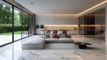 A modern living room interior features a white sofa and marble floor, exuding luxury and minimalist style.
