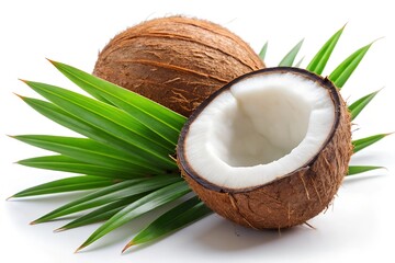 Close-up fresh coconut fruit and green leaf isolated on white background