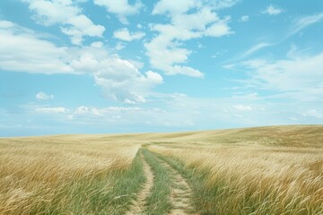 Obraz premium A wide, open prairie with tall grasses swaying gently in the wind under a big, blue sky