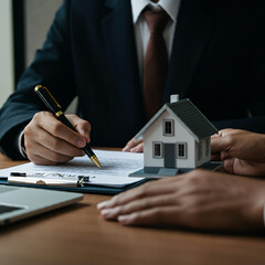 Signing a contract buying new home rental agreement hand signing a lease for a house legal documents