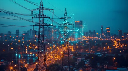 A cityscape at night features power lines with a digital network overlay, merging technology with urban life.