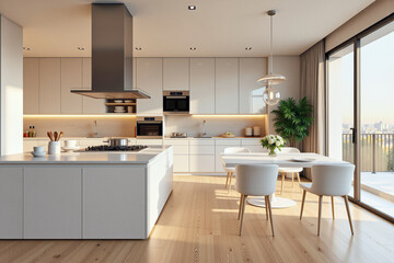 photo of a modern apartment kitchen with designer interior and furniture, luxury interior architecture design idea