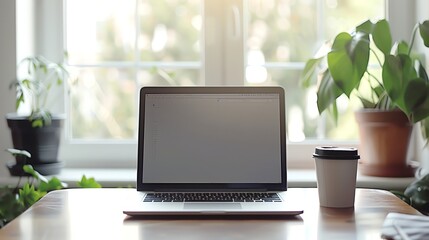 Fototapeta premium Laptop and cup of coffee on a desk in front of a window.