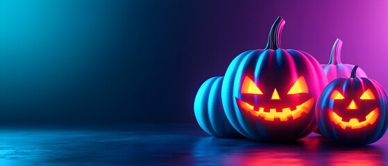 Mesmerizing Glow in the Dark Pumpkins with Neon Carvings Concept for Halloween and Festive Autumn Decor  Surreal and Striking Halloween themed Image with Vibrant Colors and Eerie Atmosphere
