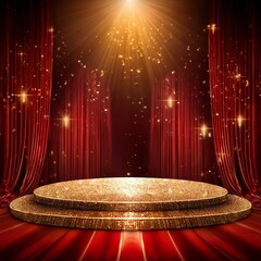Glittering Red Golden Stage with Sparkling Lights, Festive Ceremony Setting, Glamorous Event Preparation, Dark Background, Celebratory Atmosphere, Ready for Upcoming Event
