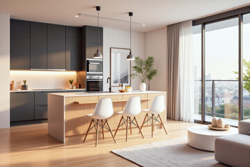 Fototapeta premium photo of a modern apartment kitchen with designer interior and furniture, luxury interior architecture design idea