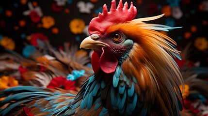 Vibrant Rooster with Colorful Confetti on Black Background Funny.