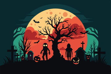 Spooky Blood Moon Cemetery & Zombies Halloween T-Shirt Design vector illustration