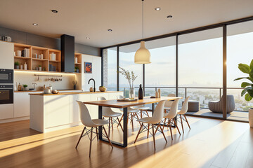 photo of a modern apartment kitchen with designer interior and furniture, luxury interior architecture design idea
