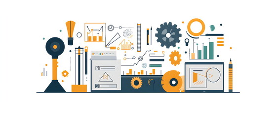 Fototapeta premium A flat illustration of an industrial agency's logo design process, with design tools, drafts, and industrial elements like cogs and gears. Simplified, with a focus on creativity and precision